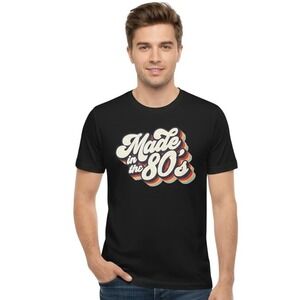 Black Graphic T-Shirt Mens Made In The 80s Short Sleeve Crew Neck Retro Tee‎ M